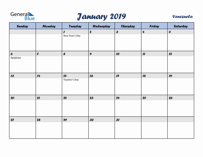 January 2019 Calendar with Holidays in Venezuela
