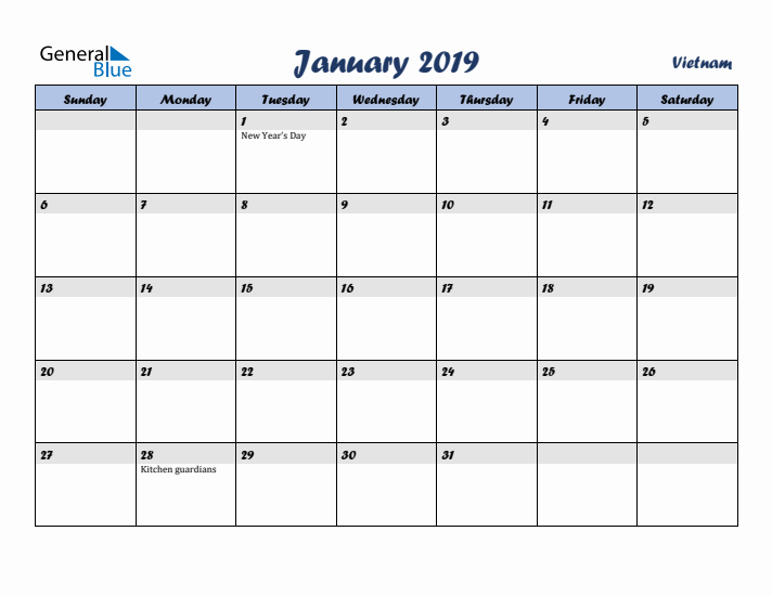 January 2019 Calendar with Holidays in Vietnam