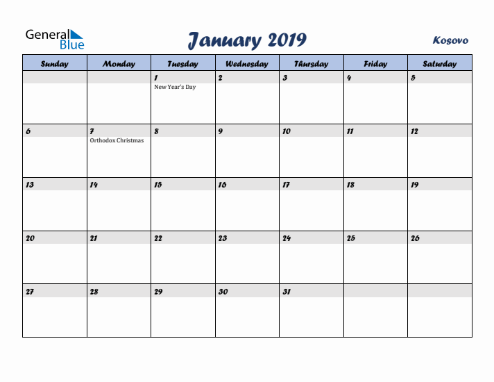 January 2019 Calendar with Holidays in Kosovo