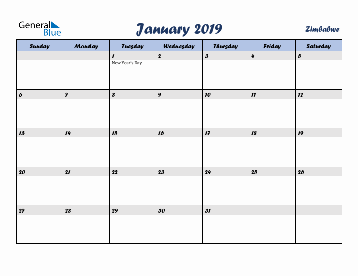 January 2019 Calendar with Holidays in Zimbabwe