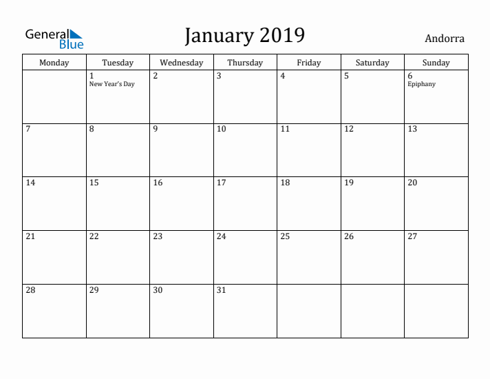 January 2019 Calendar Andorra