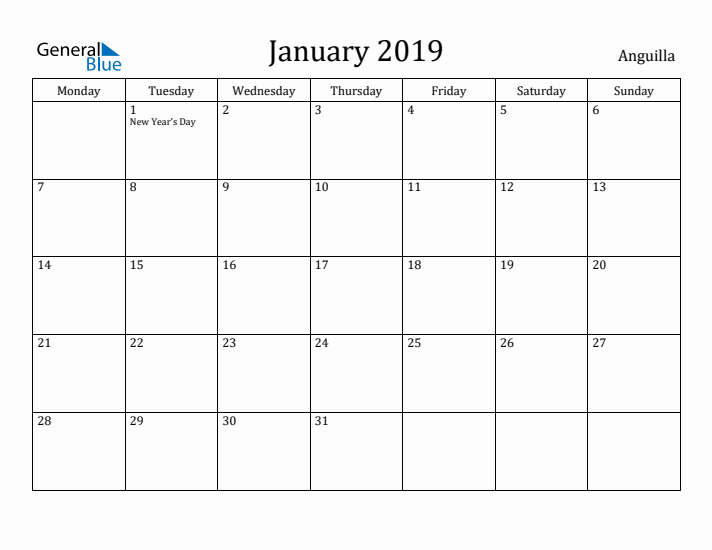 January 2019 Calendar Anguilla