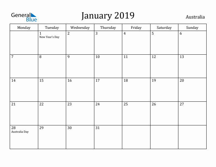 January 2019 Calendar Australia