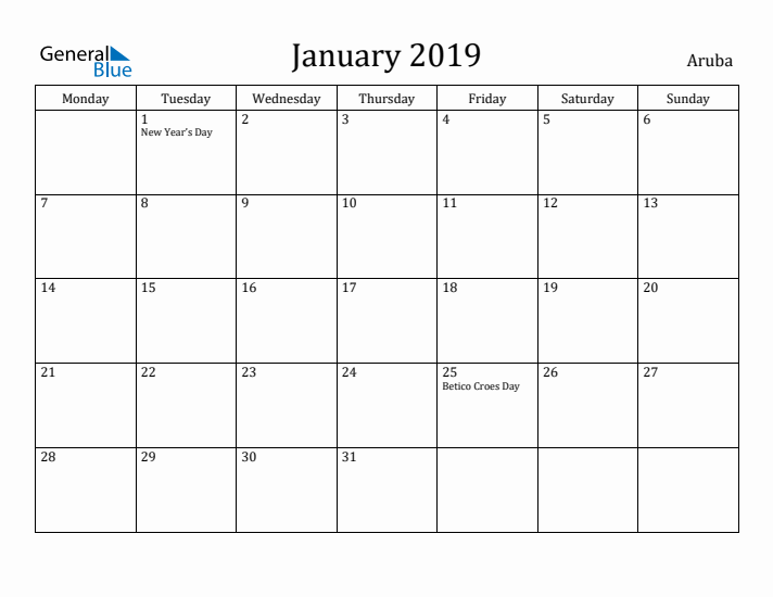 January 2019 Calendar Aruba