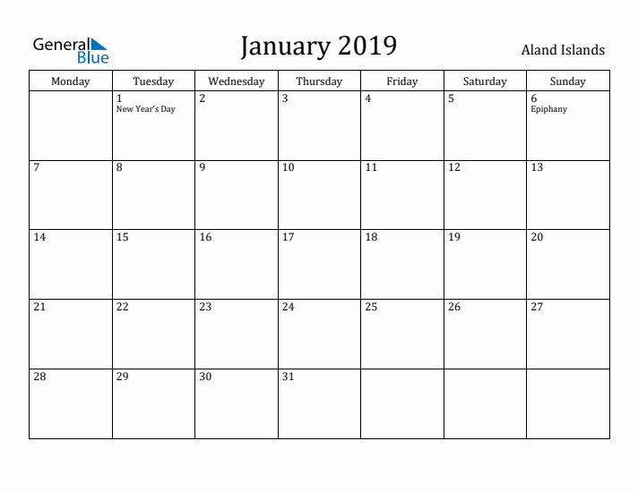January 2019 Calendar Aland Islands