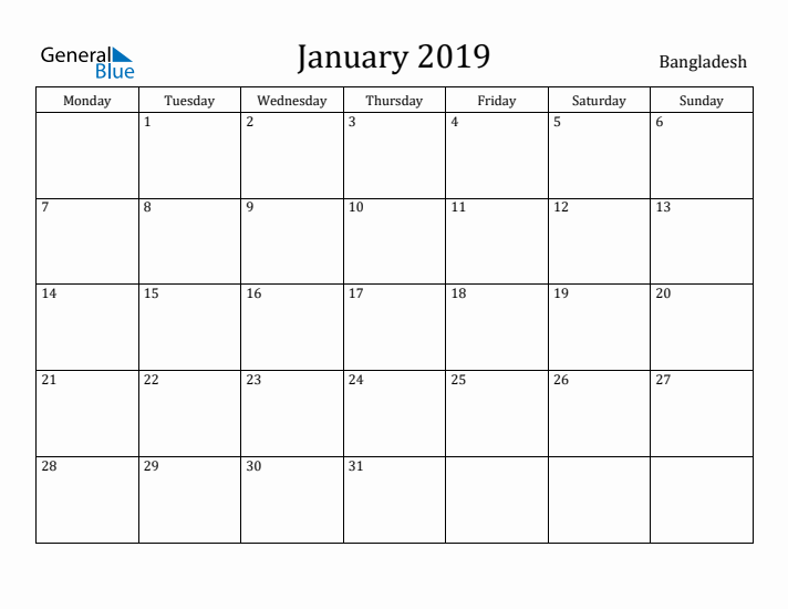January 2019 Calendar Bangladesh