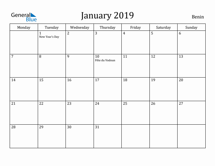 January 2019 Calendar Benin