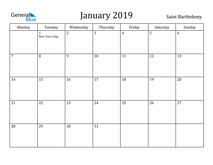 January 2019 Calendar Saint Barthelemy