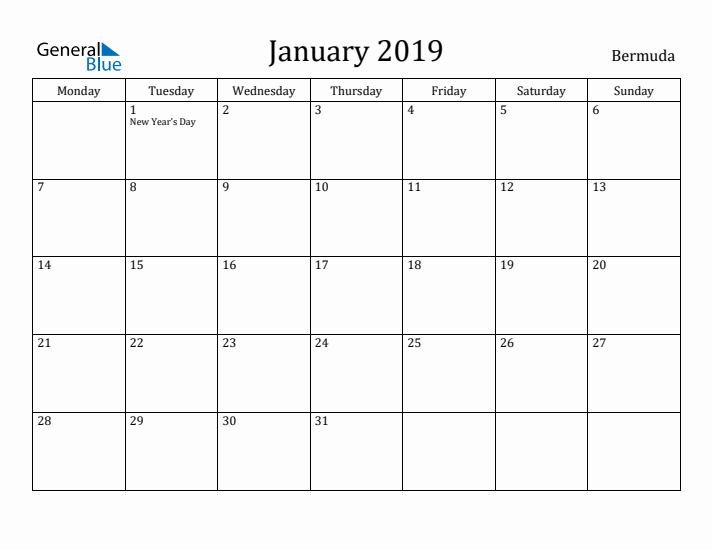 January 2019 Calendar Bermuda