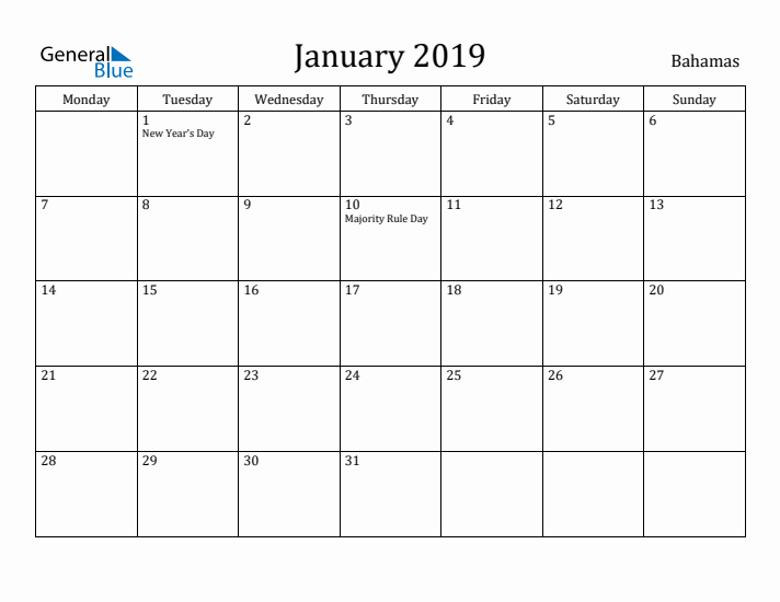 January 2019 Calendar Bahamas