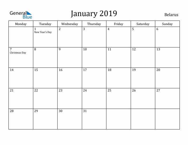 January 2019 Calendar Belarus