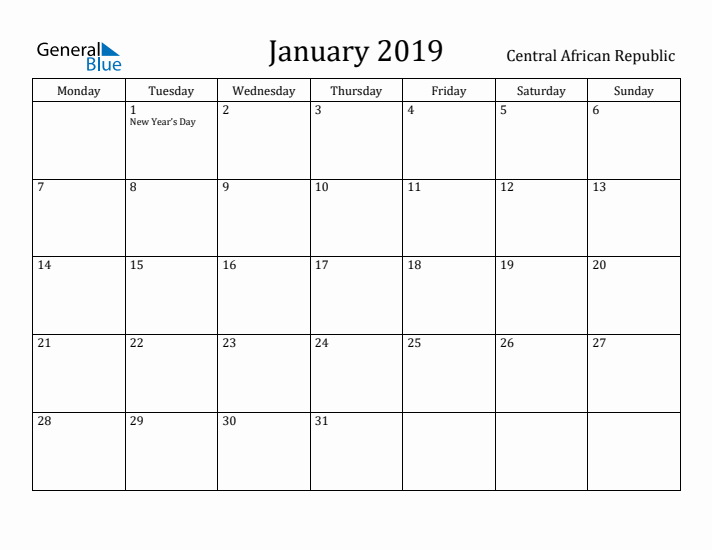 January 2019 Calendar Central African Republic
