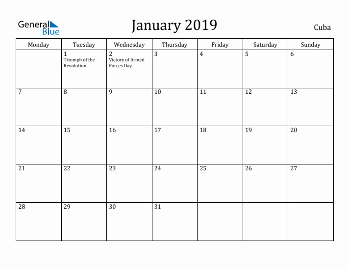 January 2019 Calendar Cuba