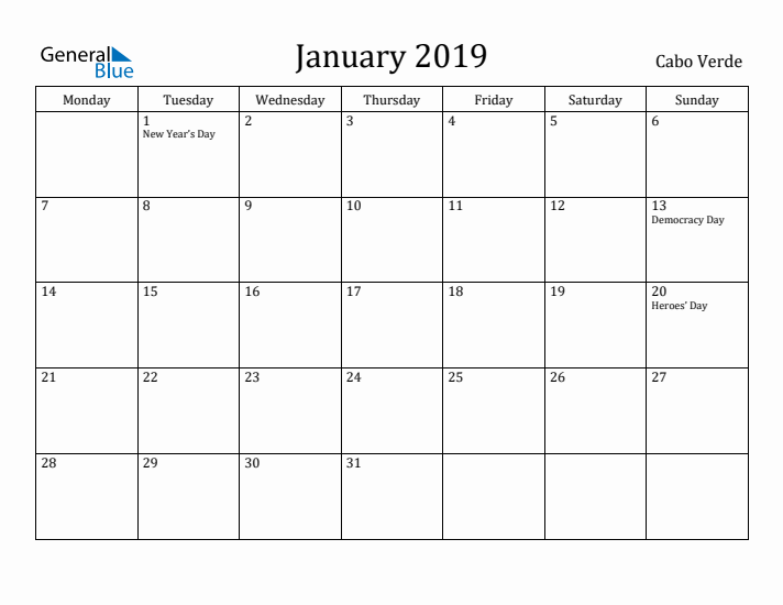January 2019 Calendar Cabo Verde