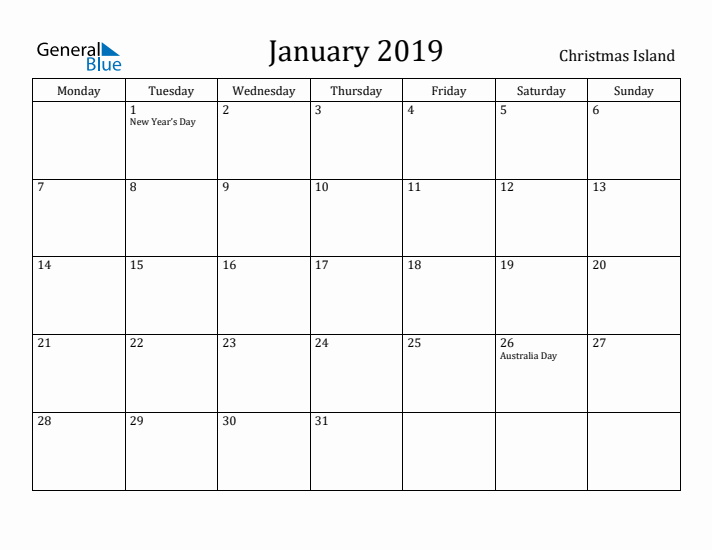 January 2019 Calendar Christmas Island