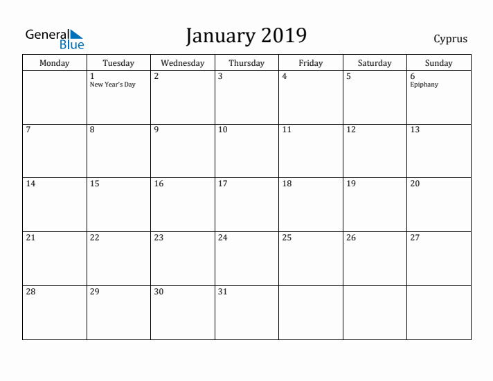 January 2019 Calendar Cyprus