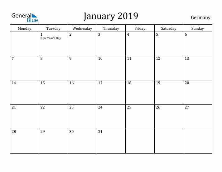 January 2019 Calendar Germany