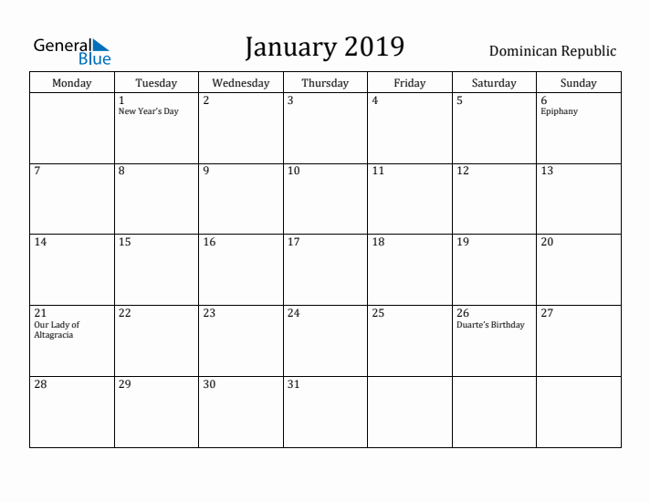January 2019 Calendar Dominican Republic