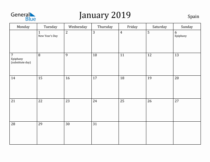 January 2019 Calendar Spain