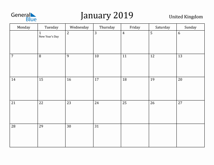 January 2019 Calendar United Kingdom