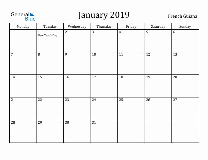 January 2019 Calendar French Guiana