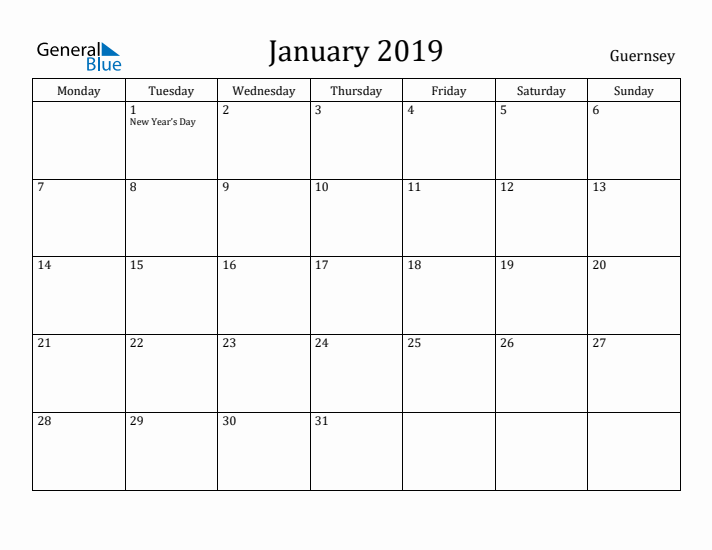 January 2019 Calendar Guernsey