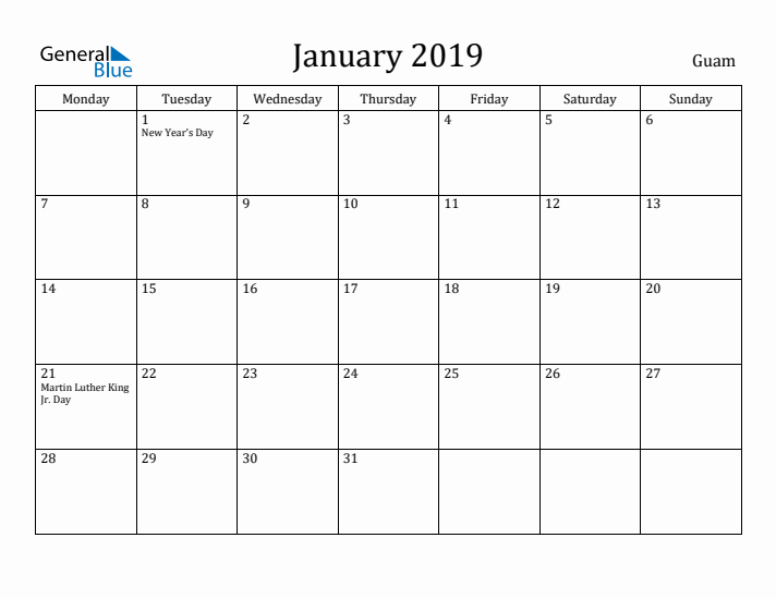 January 2019 Calendar Guam