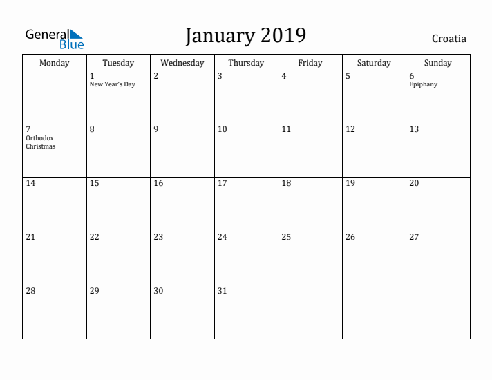 January 2019 Calendar Croatia