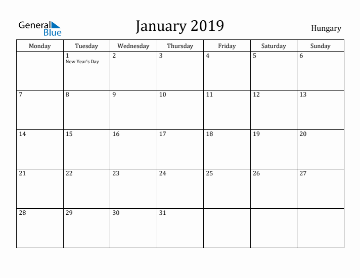 January 2019 Calendar Hungary