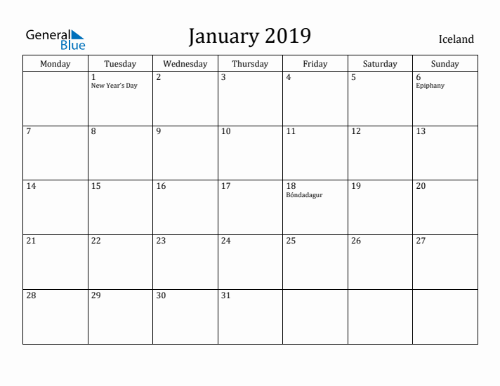 January 2019 Calendar Iceland