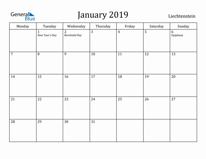 January 2019 Calendar Liechtenstein