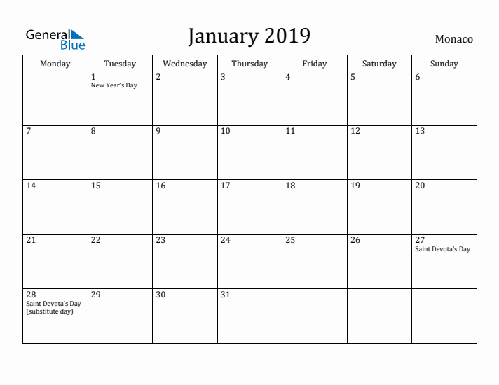 January 2019 Calendar Monaco