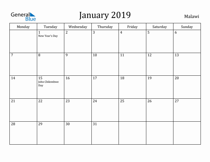 January 2019 Calendar Malawi