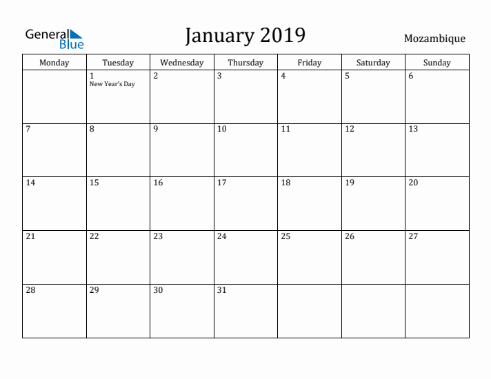 January 2019 Calendar Mozambique