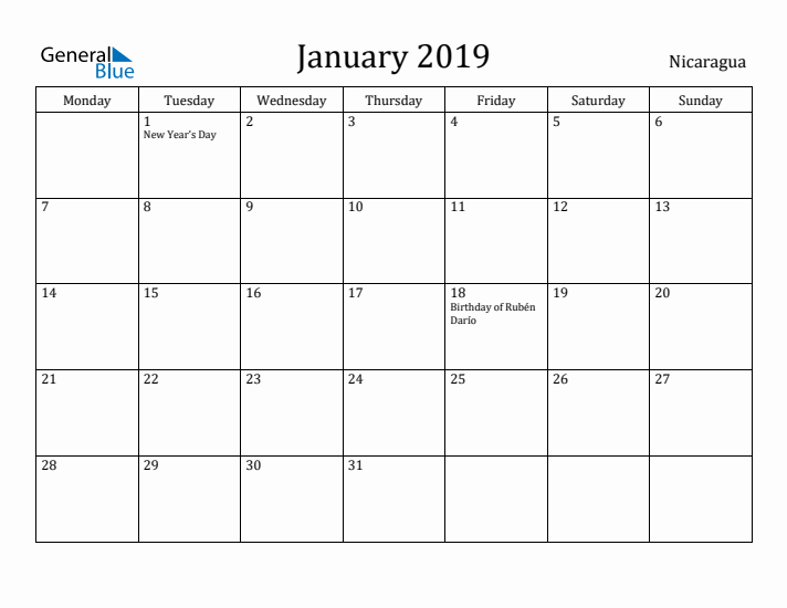 January 2019 Calendar Nicaragua