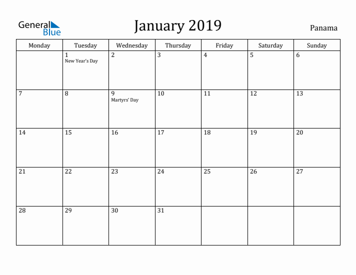 January 2019 Calendar Panama