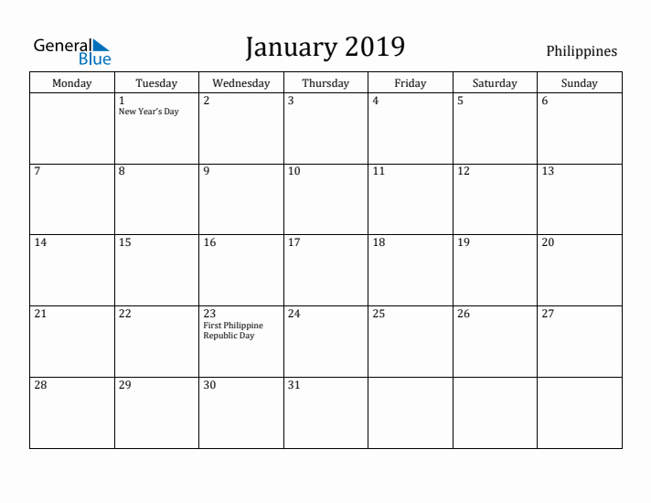 January 2019 Calendar Philippines
