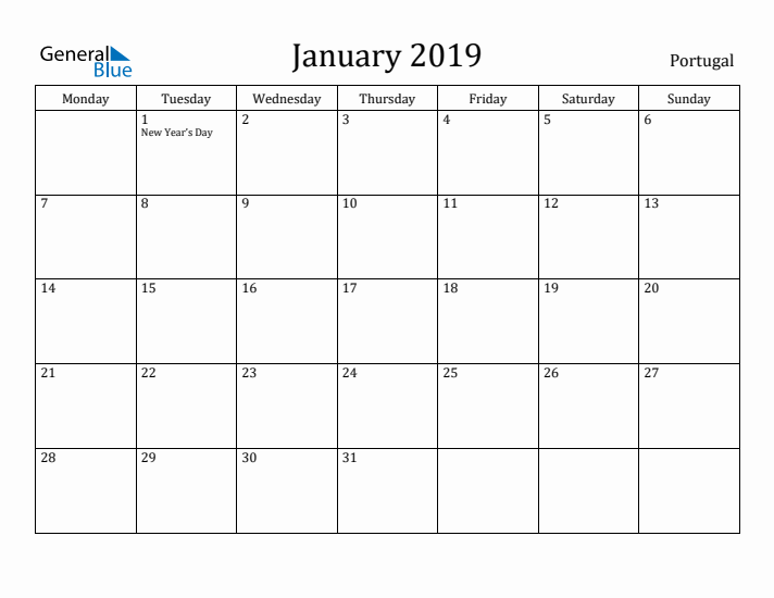 January 2019 Calendar Portugal
