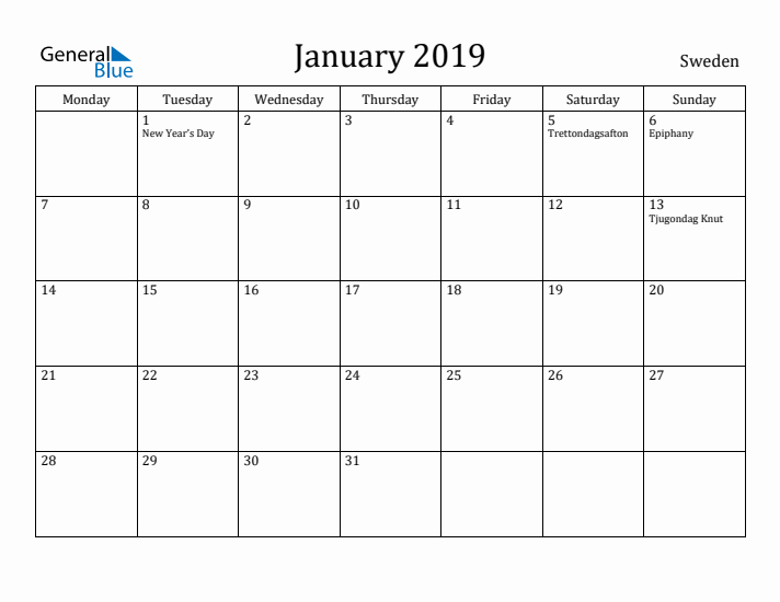 January 2019 Calendar Sweden