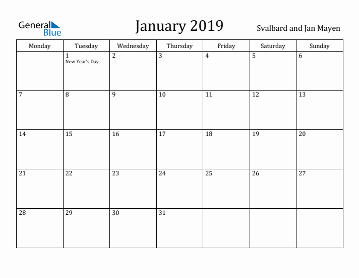 January 2019 Calendar Svalbard and Jan Mayen