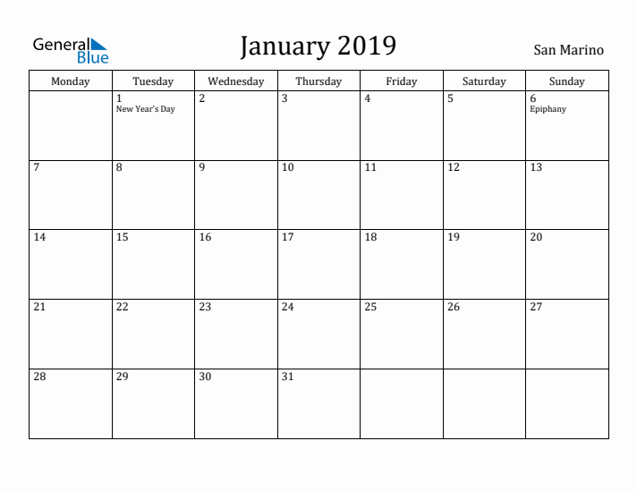January 2019 Calendar San Marino