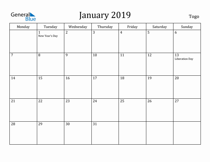 January 2019 Calendar Togo
