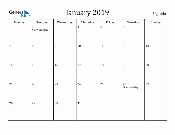 January 2019 Calendar Uganda