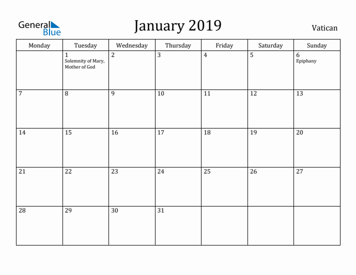 January 2019 Calendar Vatican