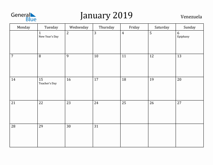 January 2019 Calendar Venezuela