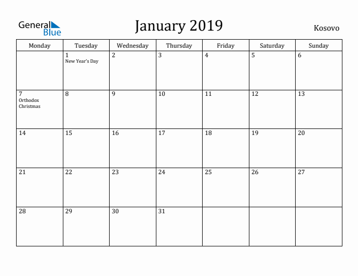 January 2019 Calendar Kosovo