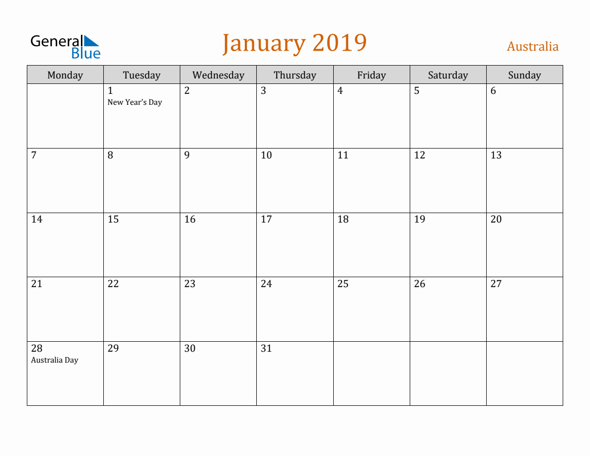 Free January 2019 Australia Calendar