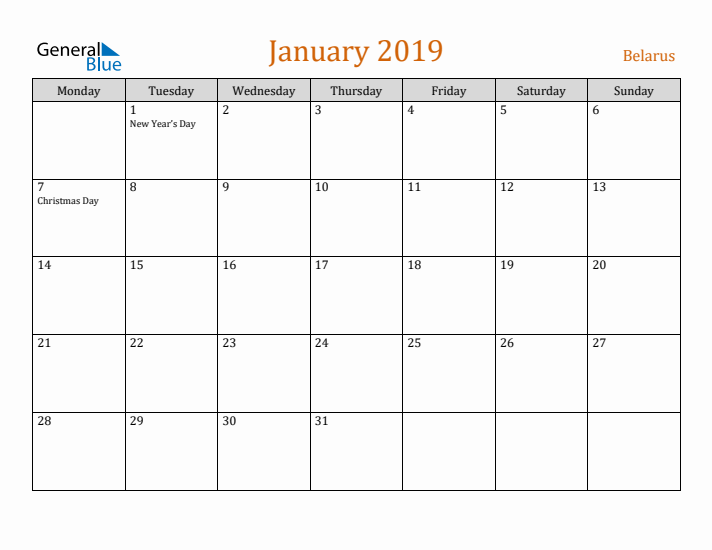 January 2019 Holiday Calendar with Monday Start