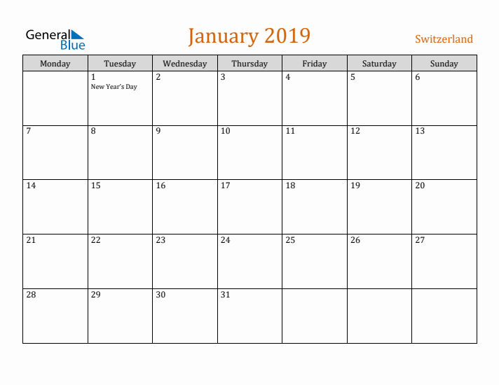 January 2019 Holiday Calendar with Monday Start