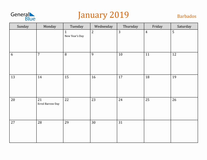 January 2019 Holiday Calendar with Sunday Start